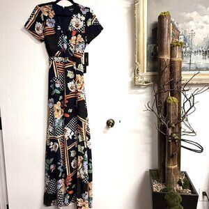 Aleta Navy Blue Print Short Sleeve Surplice Maxi Dress By Lulus